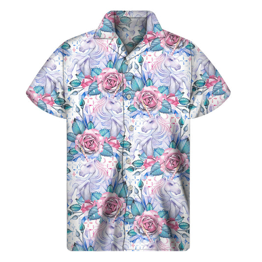 White Fairy Rose Unicorn Pattern Print Men's Short Sleeve Shirt
