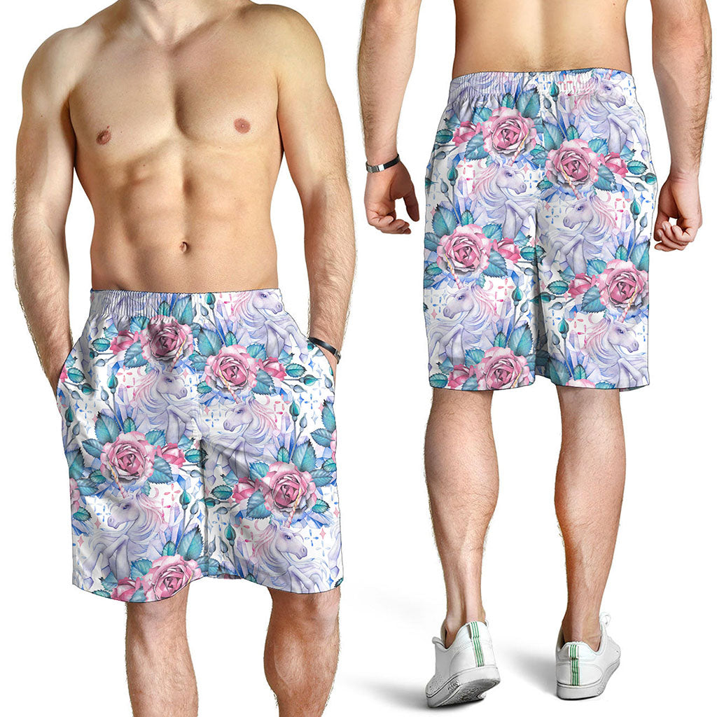 White Fairy Rose Unicorn Pattern Print Men's Shorts