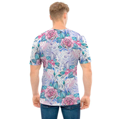 White Fairy Rose Unicorn Pattern Print Men's T-Shirt