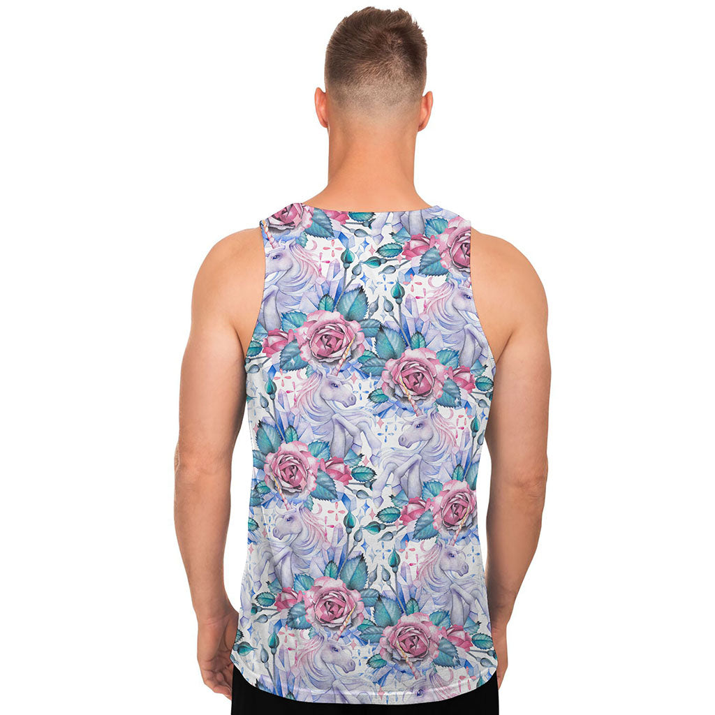 White Fairy Rose Unicorn Pattern Print Men's Tank Top