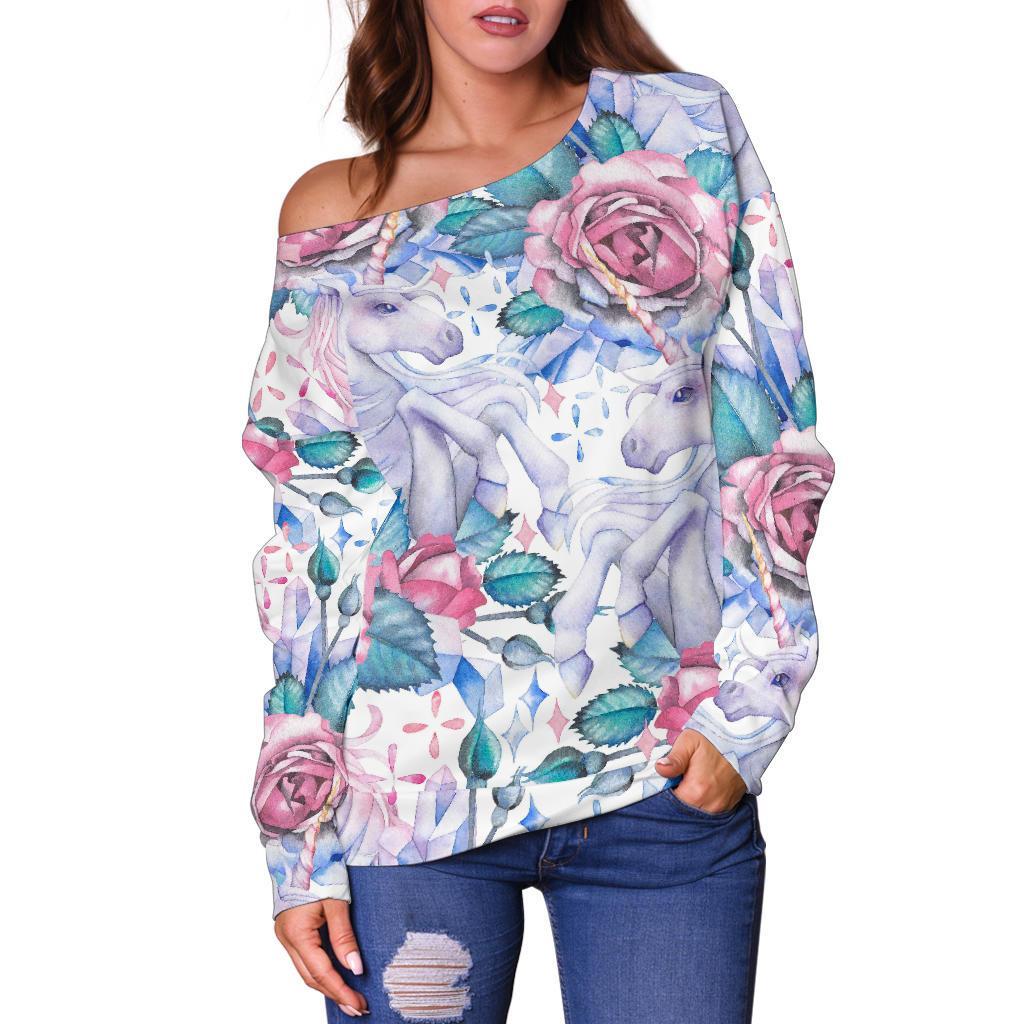 White Fairy Rose Unicorn Pattern Print Off Shoulder Sweatshirt GearFrost