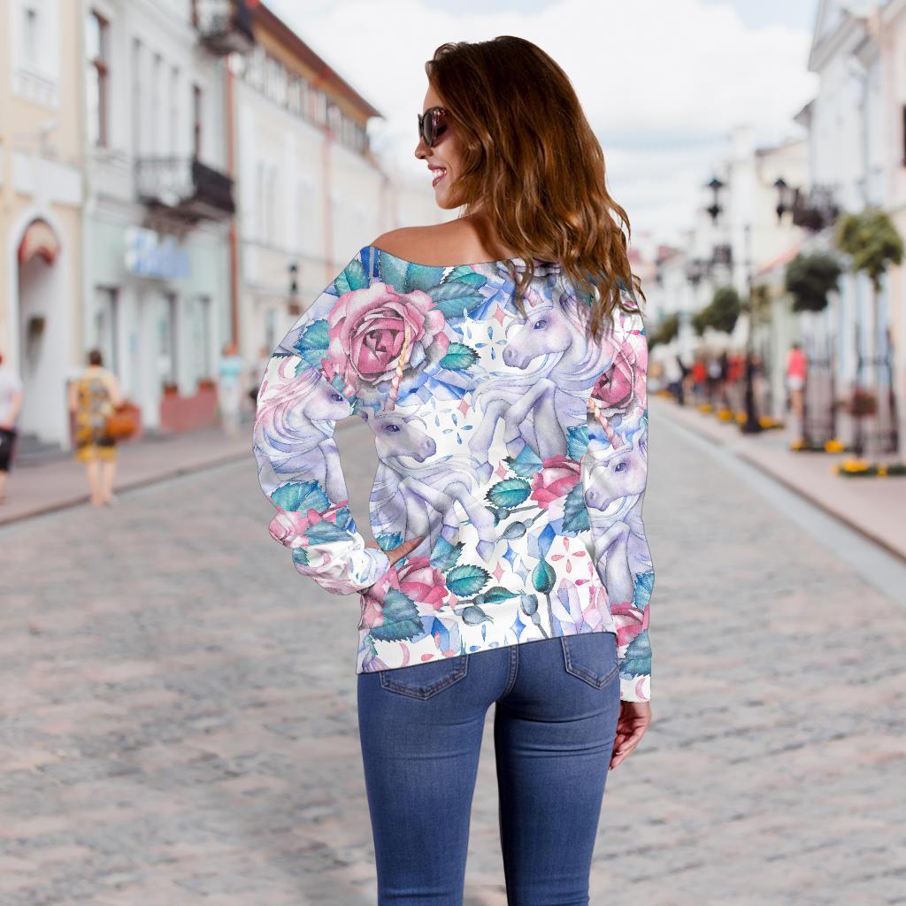 White Fairy Rose Unicorn Pattern Print Off Shoulder Sweatshirt GearFrost