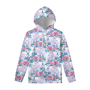 White Fairy Rose Unicorn Pattern Print Pullover Hoodie