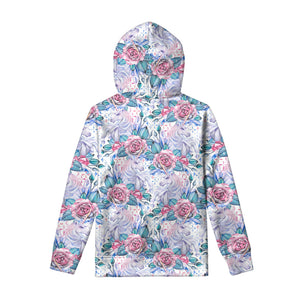 White Fairy Rose Unicorn Pattern Print Pullover Hoodie