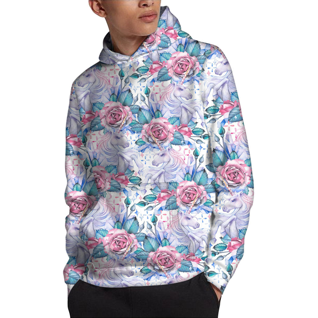 White Fairy Rose Unicorn Pattern Print Pullover Hoodie