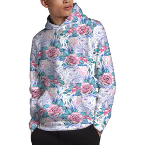 White Fairy Rose Unicorn Pattern Print Pullover Hoodie