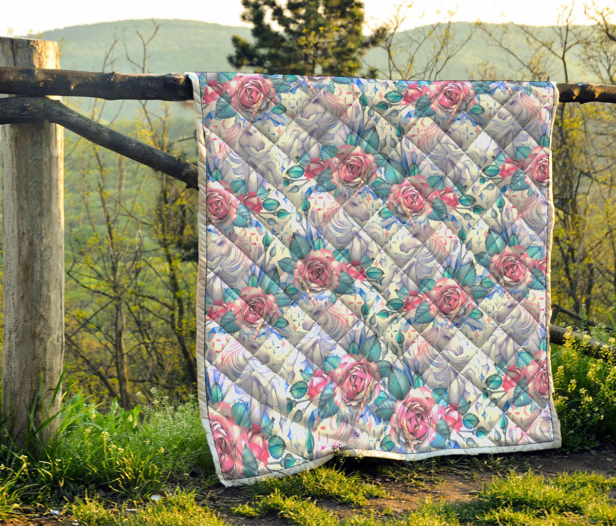 White Fairy Rose Unicorn Pattern Print Quilt