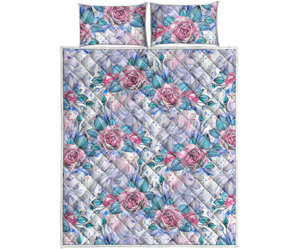 White Fairy Rose Unicorn Pattern Print Quilt Bed Set