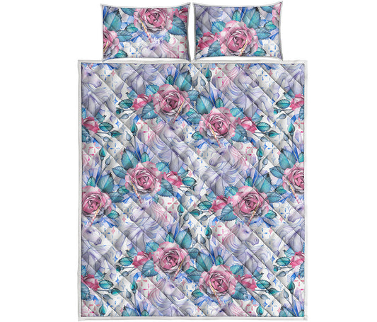 White Fairy Rose Unicorn Pattern Print Quilt Bed Set