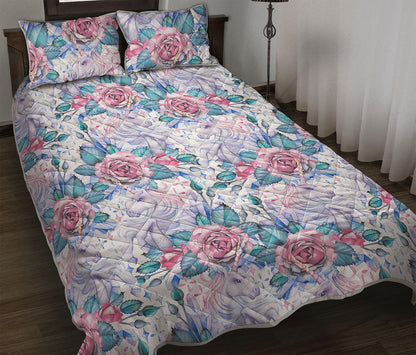 White Fairy Rose Unicorn Pattern Print Quilt Bed Set