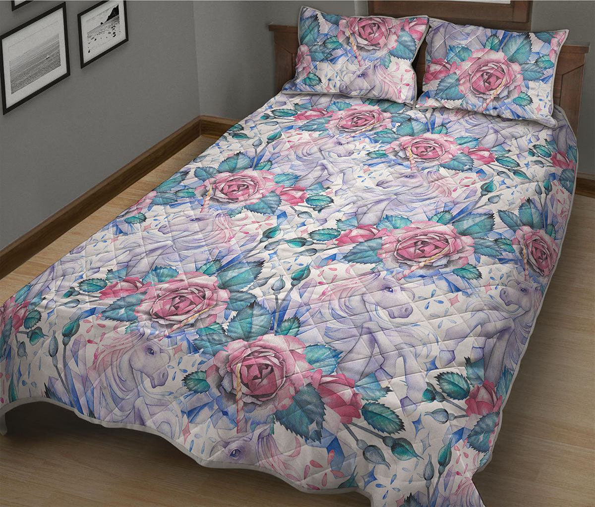 White Fairy Rose Unicorn Pattern Print Quilt Bed Set