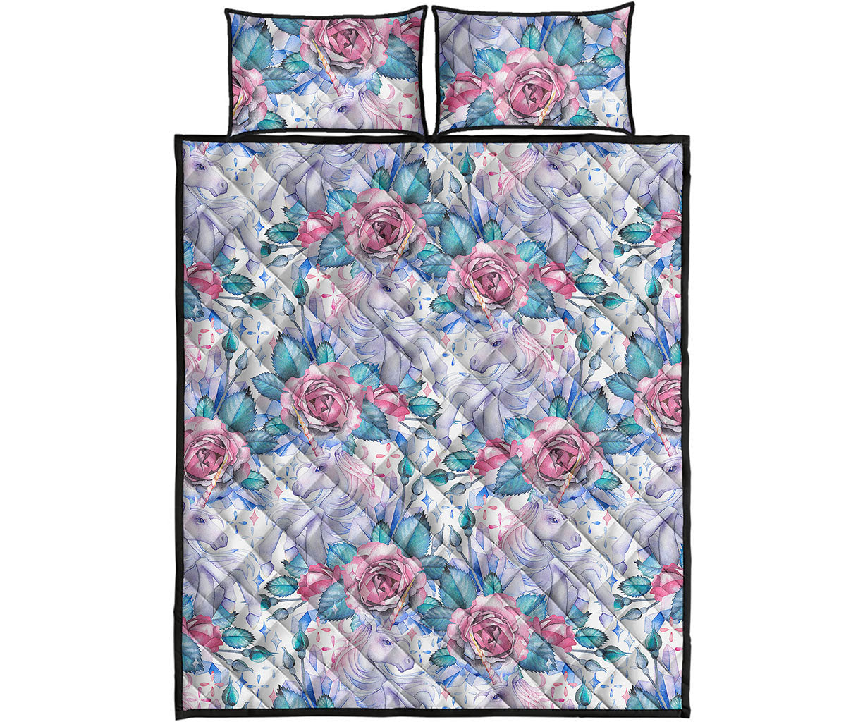 White Fairy Rose Unicorn Pattern Print Quilt Bed Set