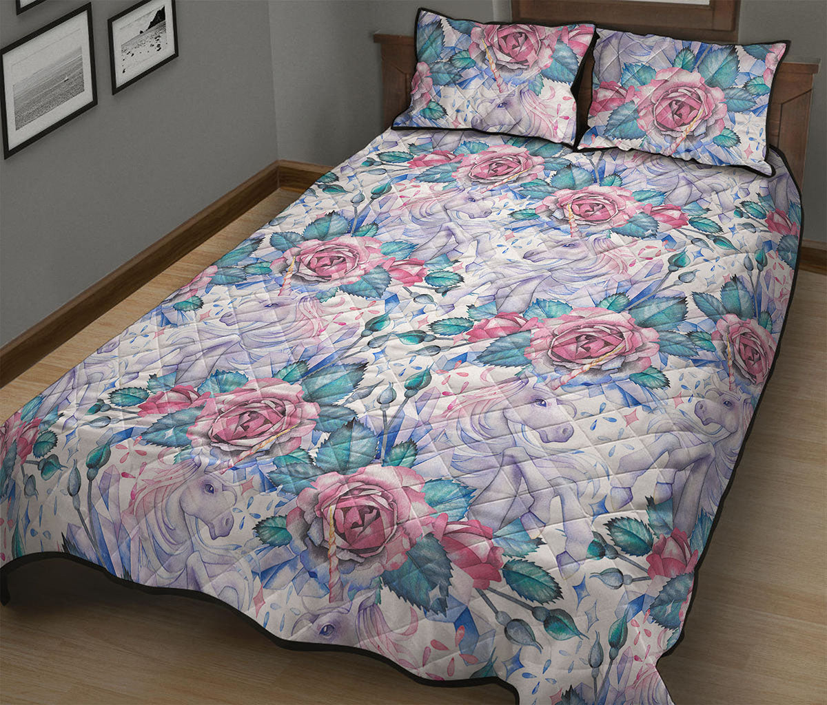 White Fairy Rose Unicorn Pattern Print Quilt Bed Set