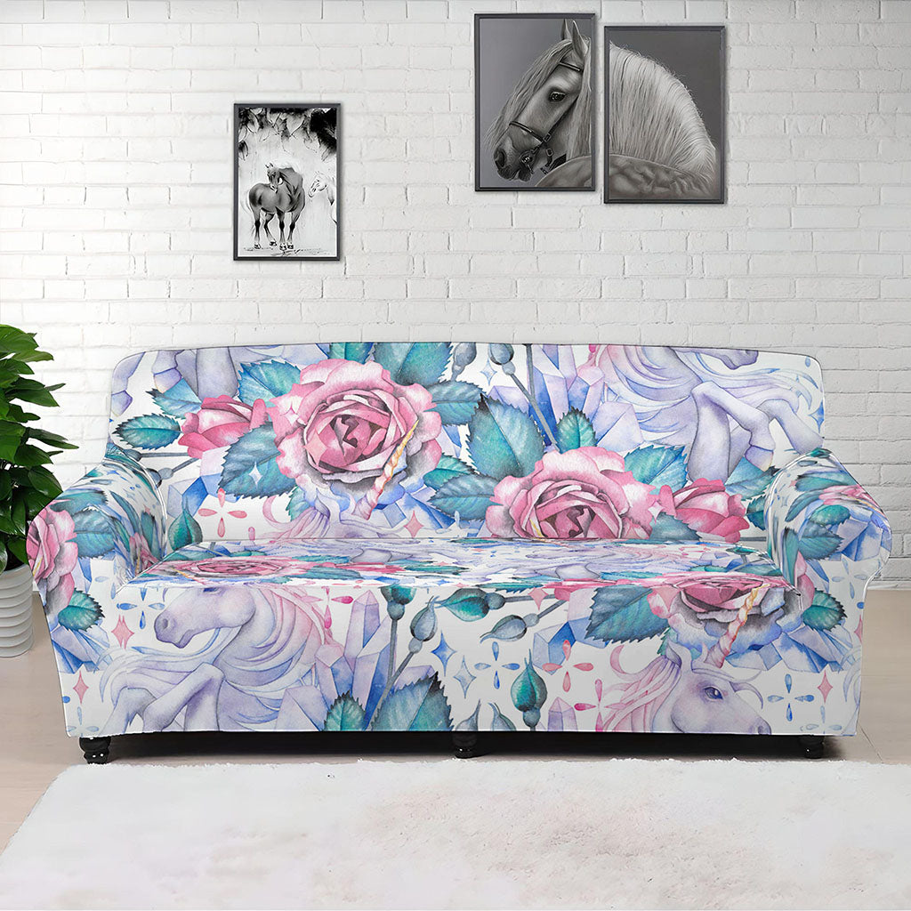 White Fairy Rose Unicorn Pattern Print Sofa Cover