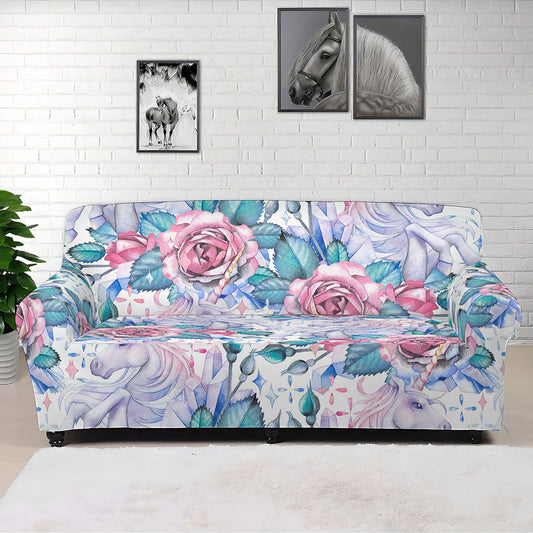 White Fairy Rose Unicorn Pattern Print Sofa Cover