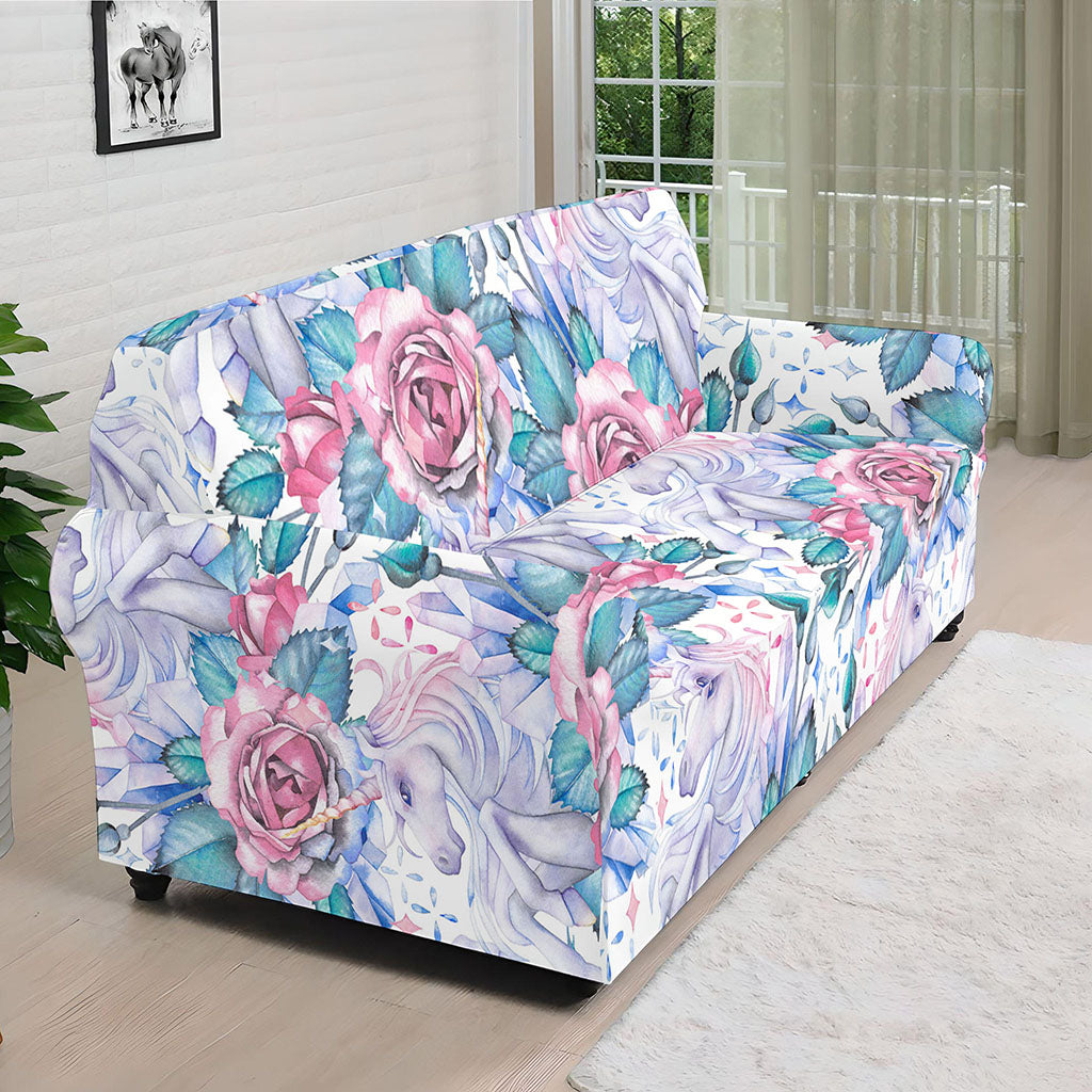 White Fairy Rose Unicorn Pattern Print Sofa Cover