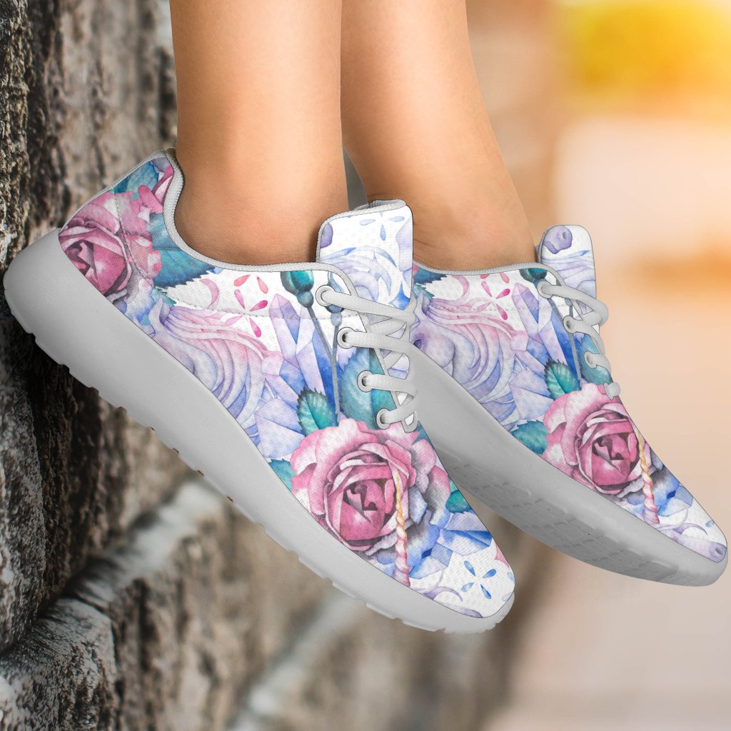 White Fairy Rose Unicorn Pattern Print Sport Shoes GearFrost