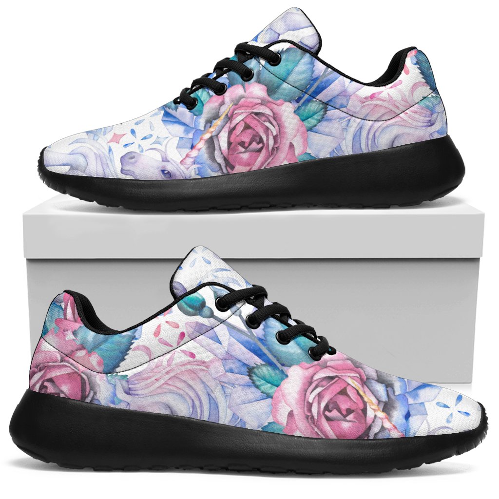 White Fairy Rose Unicorn Pattern Print Sport Shoes GearFrost