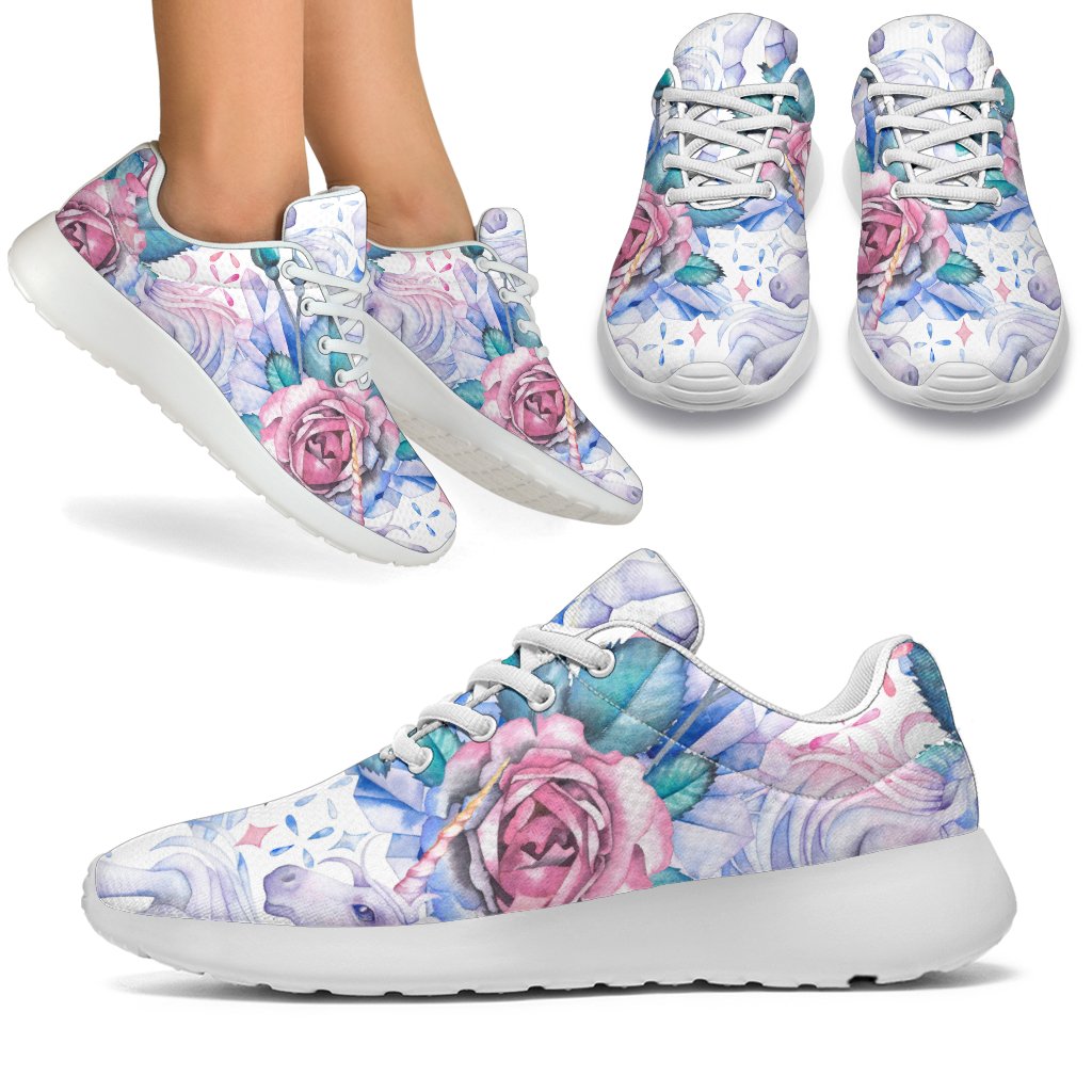 White Fairy Rose Unicorn Pattern Print Sport Shoes GearFrost