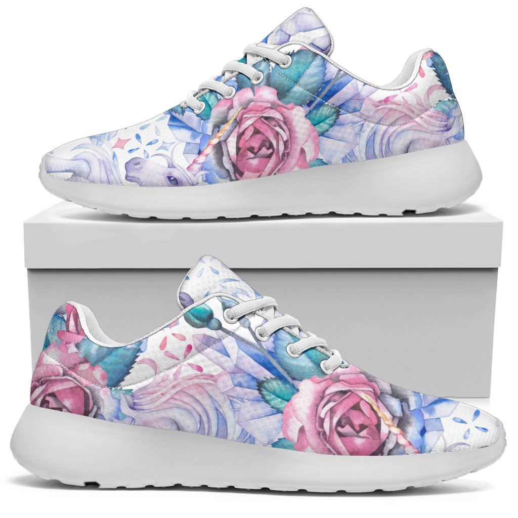 White Fairy Rose Unicorn Pattern Print Sport Shoes GearFrost