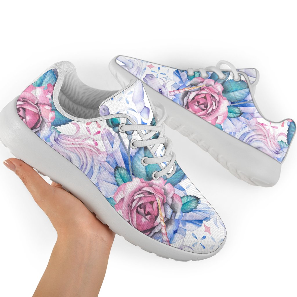 White Fairy Rose Unicorn Pattern Print Sport Shoes GearFrost