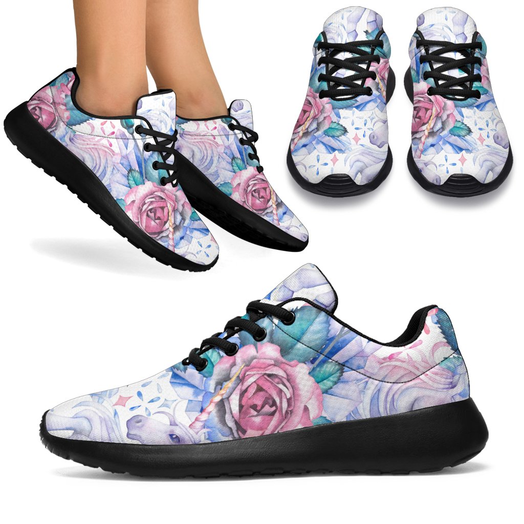 White Fairy Rose Unicorn Pattern Print Sport Shoes GearFrost