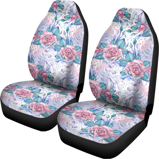 White Fairy Rose Unicorn Pattern Print Universal Fit Car Seat Covers