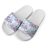 White Fairy Rose Unicorn Pattern Print White Slide Sandals