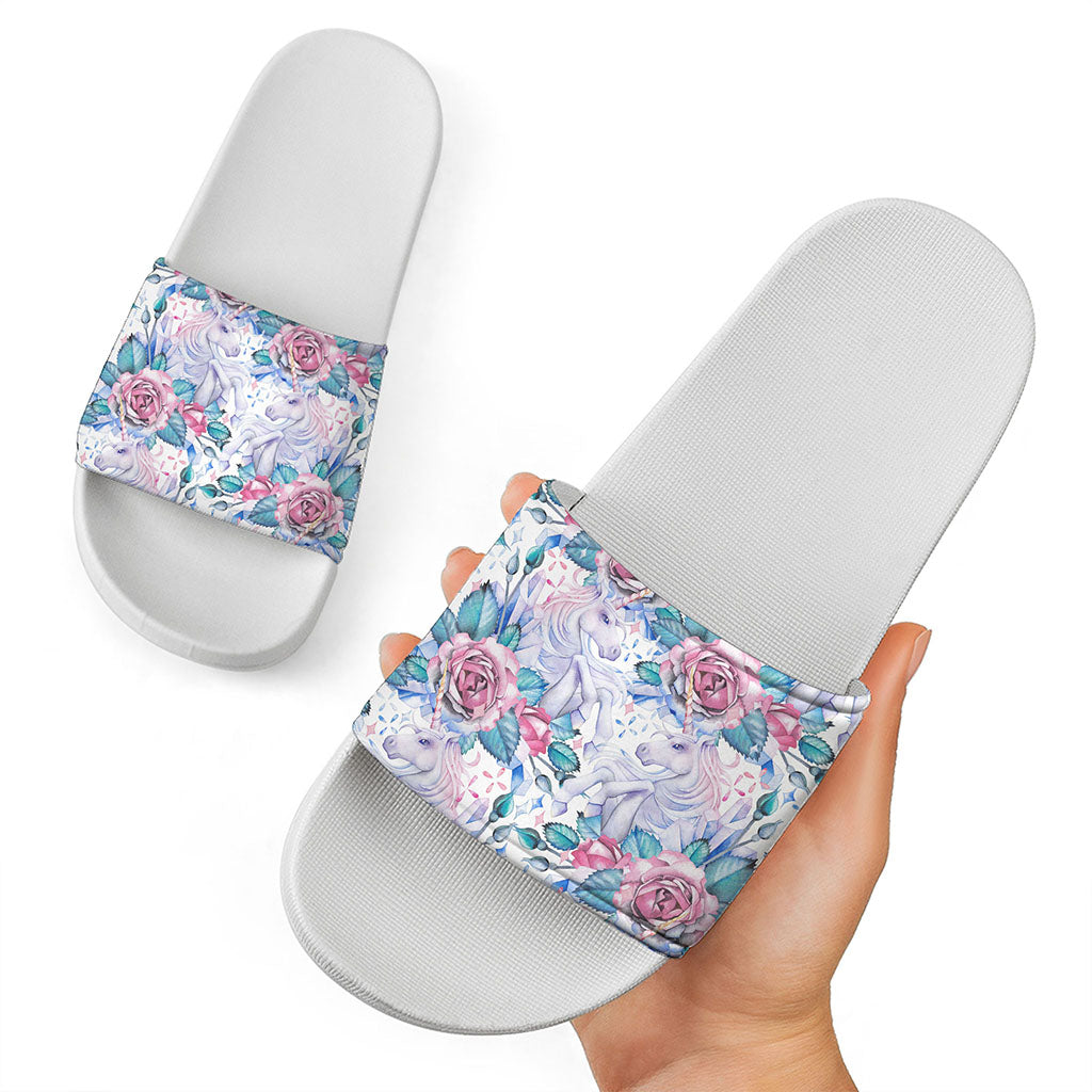 White Fairy Rose Unicorn Pattern Print White Slide Sandals