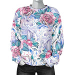 White Fairy Rose Unicorn Pattern Print Women's Crewneck Sweatshirt GearFrost