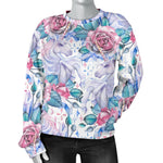 White Fairy Rose Unicorn Pattern Print Women's Crewneck Sweatshirt GearFrost