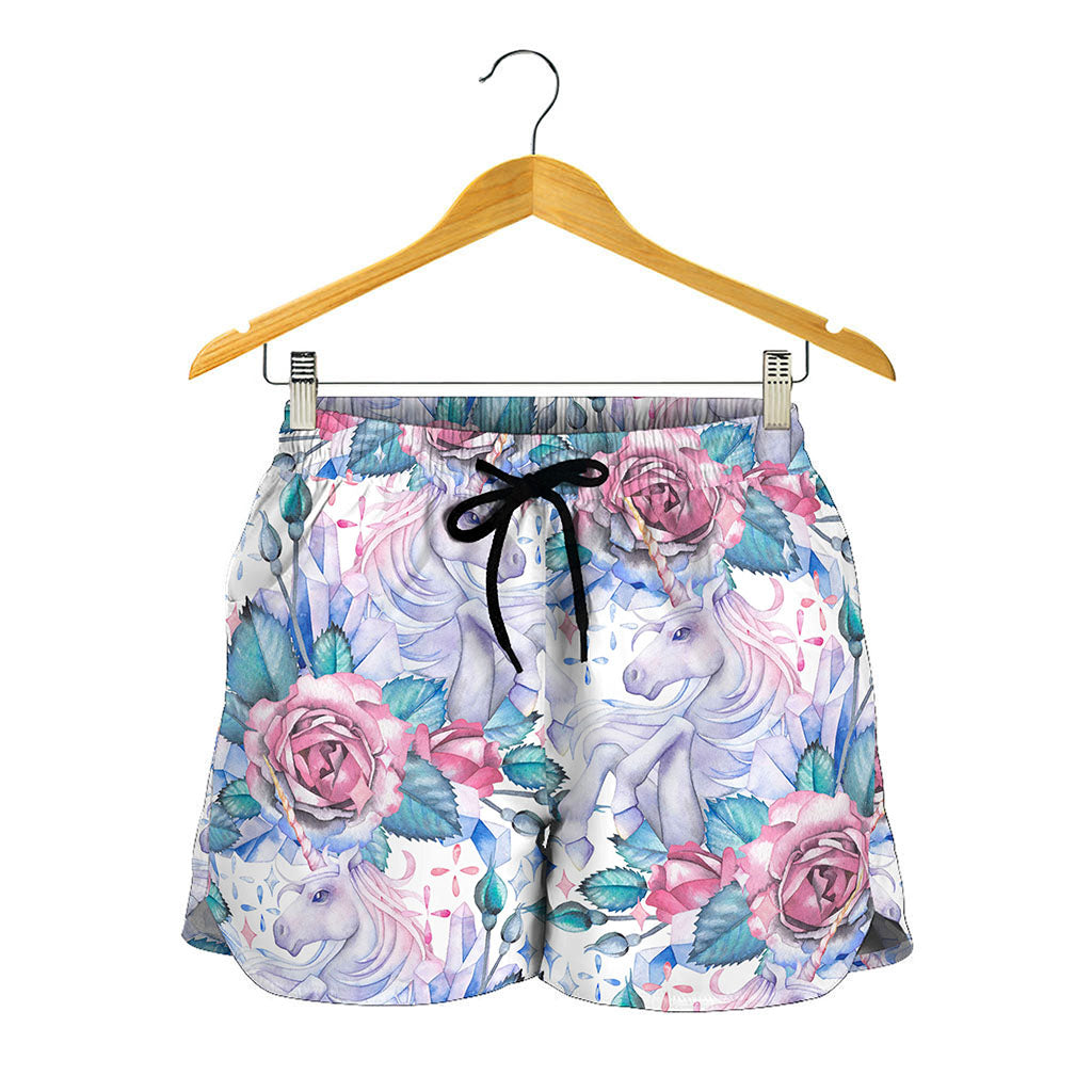 White Fairy Rose Unicorn Pattern Print Women's Shorts