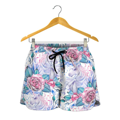 White Fairy Rose Unicorn Pattern Print Women's Shorts