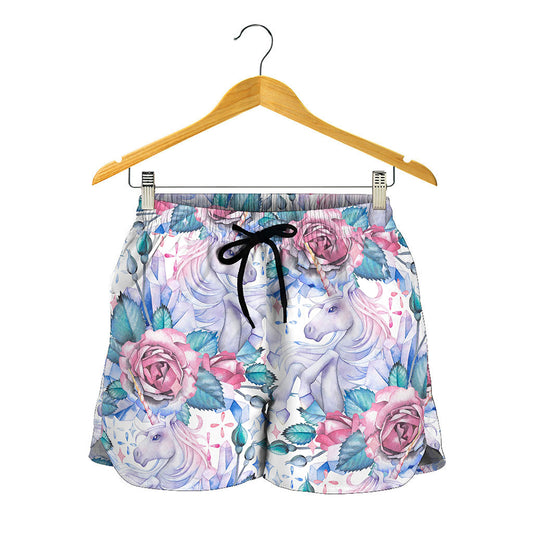 White Fairy Rose Unicorn Pattern Print Women's Shorts