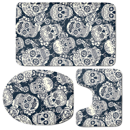 White Floral Sugar Skull Pattern Print 3 Piece Bath Mat Set