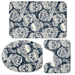 White Floral Sugar Skull Pattern Print 3 Piece Bath Mat Set
