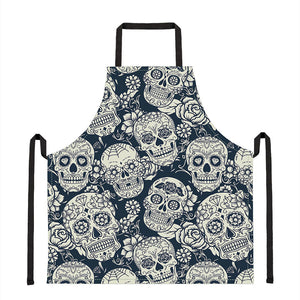 White Floral Sugar Skull Pattern Print Apron