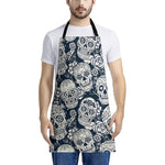 White Floral Sugar Skull Pattern Print Apron