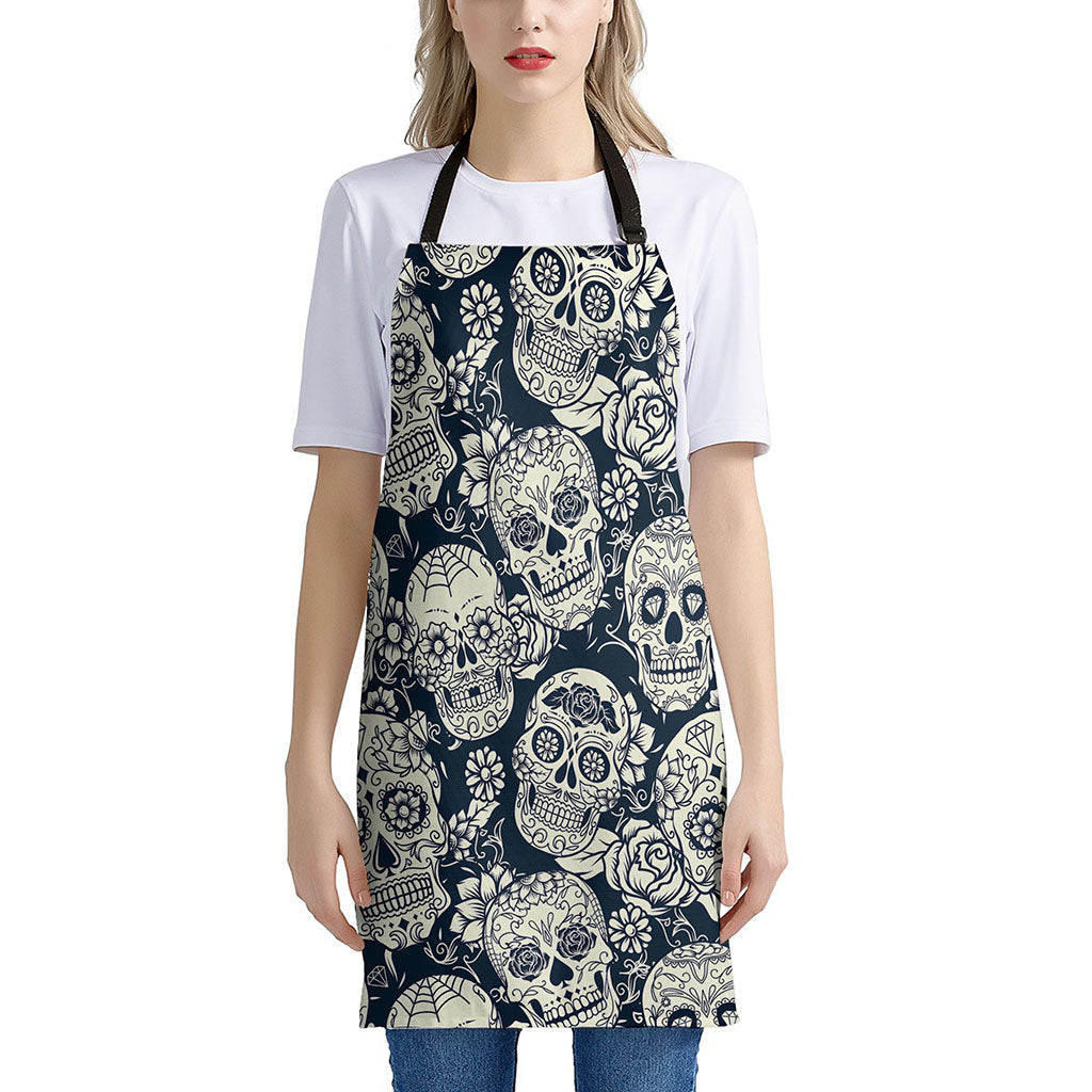 White Floral Sugar Skull Pattern Print Apron