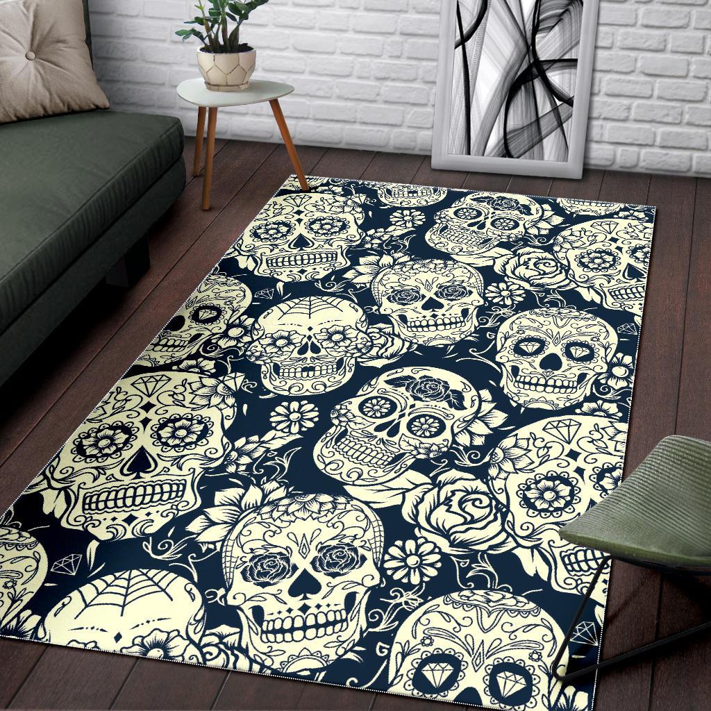 White Floral Sugar Skull Pattern Print Area Rug GearFrost