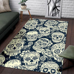 White Floral Sugar Skull Pattern Print Area Rug GearFrost