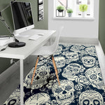 White Floral Sugar Skull Pattern Print Area Rug GearFrost