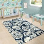 White Floral Sugar Skull Pattern Print Area Rug GearFrost