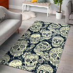 White Floral Sugar Skull Pattern Print Area Rug GearFrost