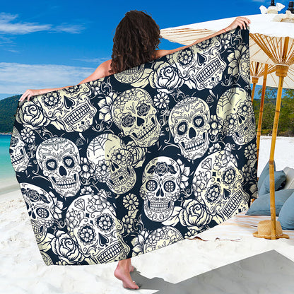 White Floral Sugar Skull Pattern Print Beach Sarong Wrap