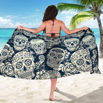 White Floral Sugar Skull Pattern Print Beach Sarong Wrap