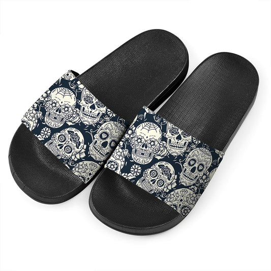 White Floral Sugar Skull Pattern Print Black Slide Sandals