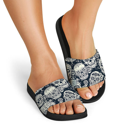 White Floral Sugar Skull Pattern Print Black Slide Sandals