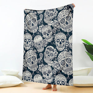 White Floral Sugar Skull Pattern Print Blanket