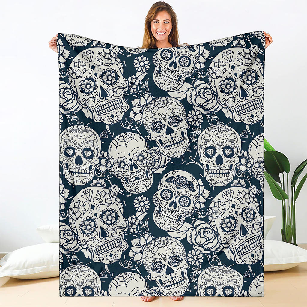 White Floral Sugar Skull Pattern Print Blanket